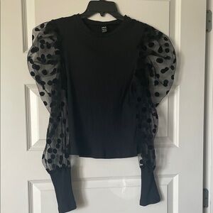SHEIN Black Top with Sheer Polka Dot Sleeves